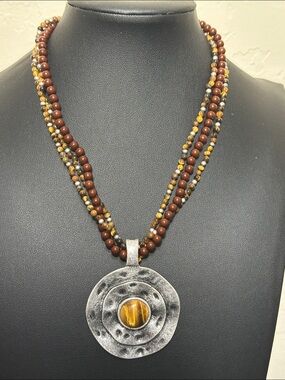 Premier Designs Tiger's Eye Hammered Medallion Multi-Strand Beaded Necklace